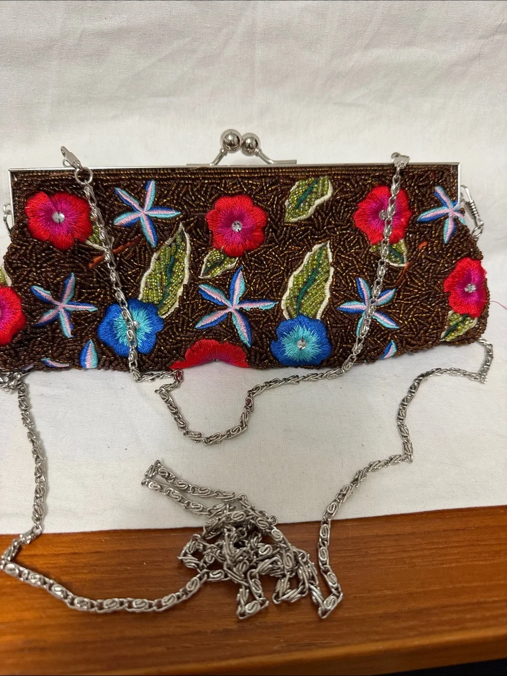 Beaded Floral Embroidered Evening Clutch - Brown with Red & Blue Flowers